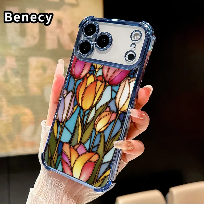 Phone Case for iPhone 17 Pro Max 16 15 Plus Air 14 13 12 11 E Stained - Glass Tulips Pattern Electroplating Transparent Silicone Drop-proof Protective Cover