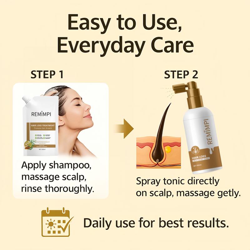 REMIMPI Long-Term Hair Care Set – 3 Anti Hair Loss Shampoos + 1 Growth Tonic | Herbal Strength & Regrowth System for Lasting Results (300ml x 3 + 50ml)
