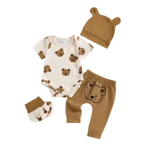 FOCUSNORM Newborn Come Home Baby Boy Clothes Bear Print Short Sleeve Romper Long Pants Hat Shoes Set 4pcs Infant Boy Summer Outfits