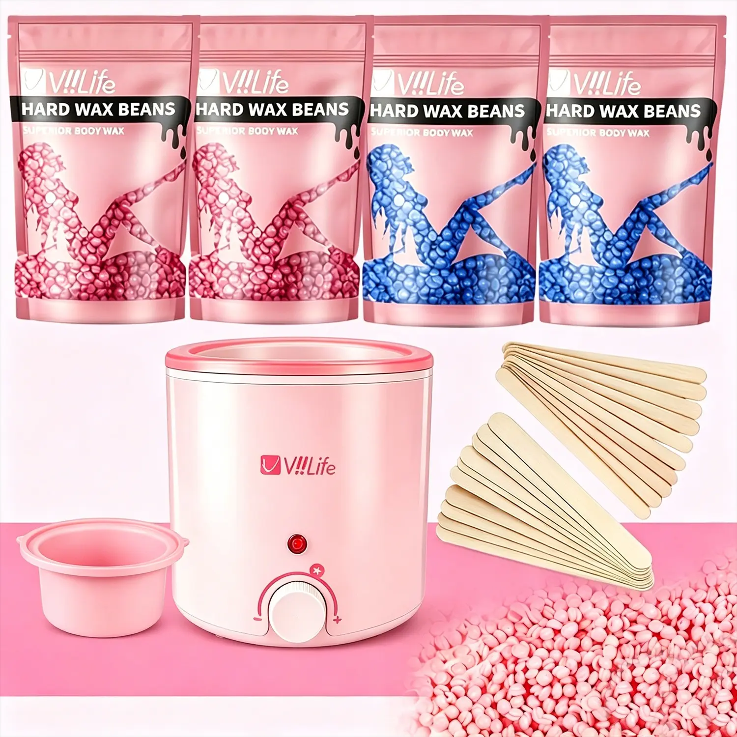 Viilife Universal Waxing Kit for Men and Women, Hair Removal, Includes 4 Packs of Wax Beans, 20 Applicator Sticks, Adjustable Temperature Heater, Hard Wax Warmer