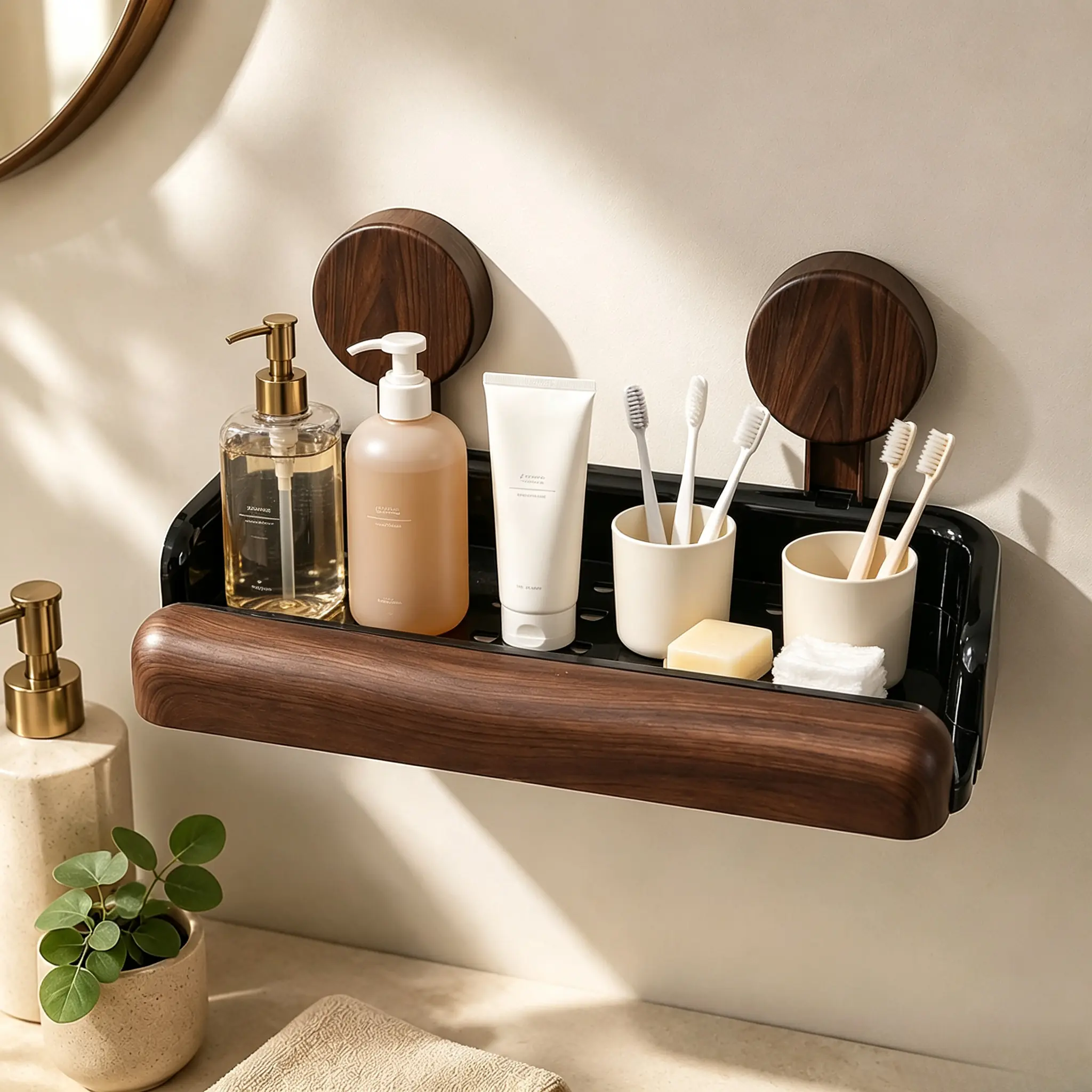 Dark Wood Grain No Drill Suction Bathroom Shelf, Wall Mount Hollow Drain Shower Caddy, Waterproof Toiletry Storage Organizer for Vanity Toilet Kitchen Seasoning