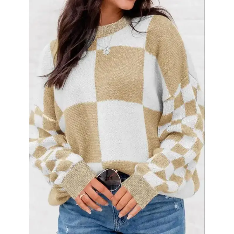 Women's Casual Plaid Sweater, Colorblock Knit Pullover with Full Sleeves, Soft Fabric for Fall & Winter Warmth Boost, Longsleeves, Checkered, Loose Fit, Tops, Plaid Block, Soft Knit, Clothes, Loose Silhouette, Thick, Overall, Comfortable, Long Sleeve, Loo