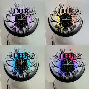 Vintage Deer Vinyl Wall Clock, Retro Vinyl Decor, Led wall clocks, Silent Clock, Christmas Seven-Color LED Display, Christmas Wall Decor, Home Decor Gift, Reindeer Design Clock for home, Christmas Holiday Gift