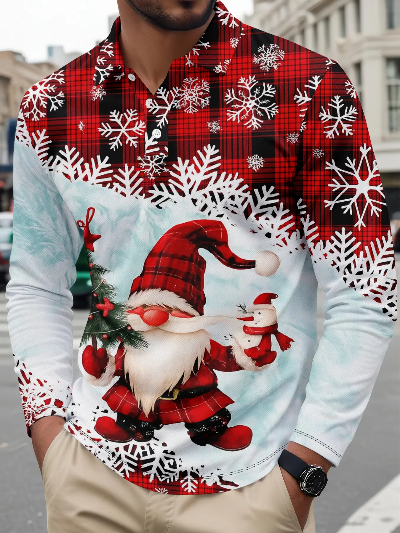 Men's Christmas Plaid Santa Art Print Long Sleeve Polo Shirt, Breathable Comfort Casual Fitted Design, Spring & Fall Fashion, Casual Style Shirt