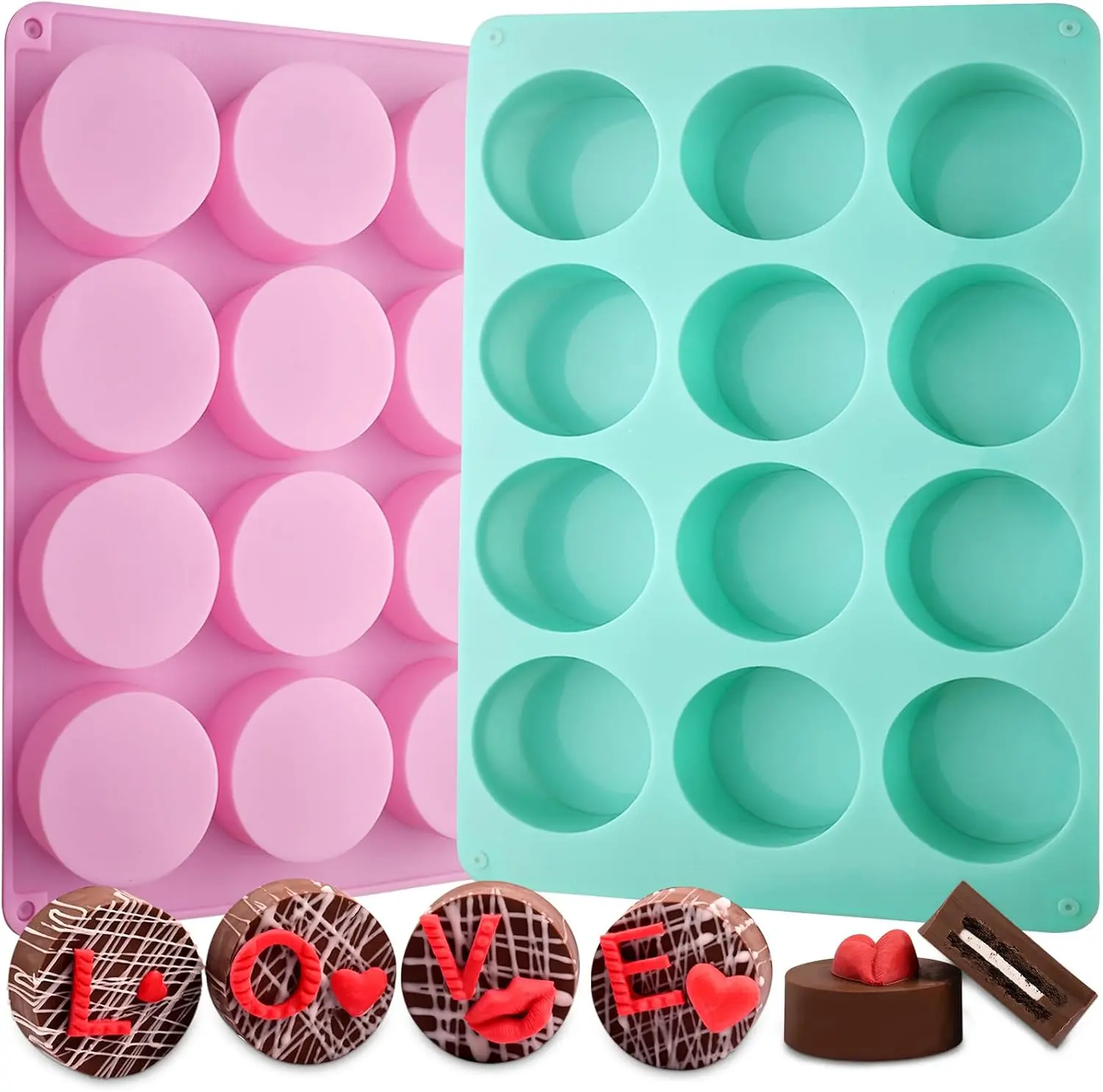Actvty Chocolate Cover Cookie Silicone Molds, New Size 12-Cavity Round Silicone Molds for Chocolate Cover, Cylinder Baking Mold for Candy Mini Cakes Jelly Baking（2 Pack）