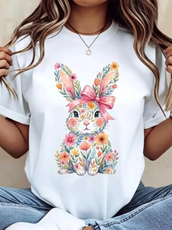 Casual Women s Round Neck Short Sleeve T Shirt Featuring Easter Bunny with Pink Bow and Colorful Swirls Print Perfect for Spring Festivals and Outdoor Leisure