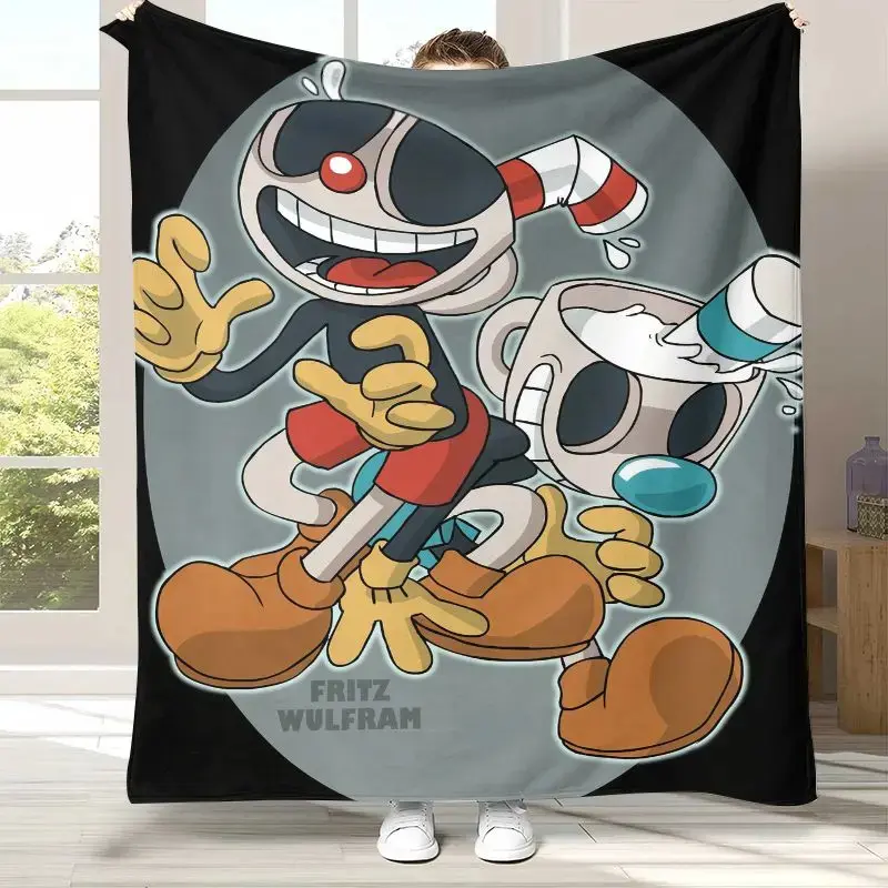 Retro Game Cuphead Mugman Cartoon Flannel Blanket,Ultra Soft Warm Plush Throw for Home Bedroom Bed Sofa Cover Office Picnic gift