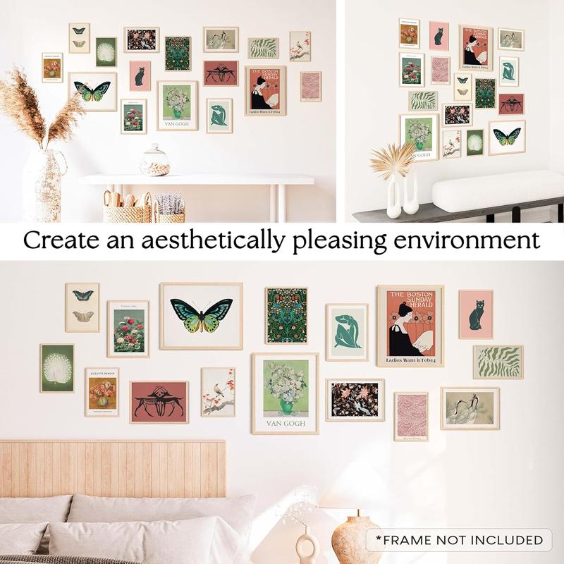 Vintage Eclectic Home Decor - 16 Pcs Boho Gallery Wall Art Prints Set, Cute Dorm Posters For Room Aesthetic Pictures, Earthy Boho Wall Decor For Girl Bedroom Apartment Decoration (Unframed)