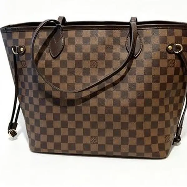 Pre-owned Louis Vuitton Neverfull MM Damier Ebene Dark Brown Check Canvas Tote Dark Cowhide Drawstring Side Ties