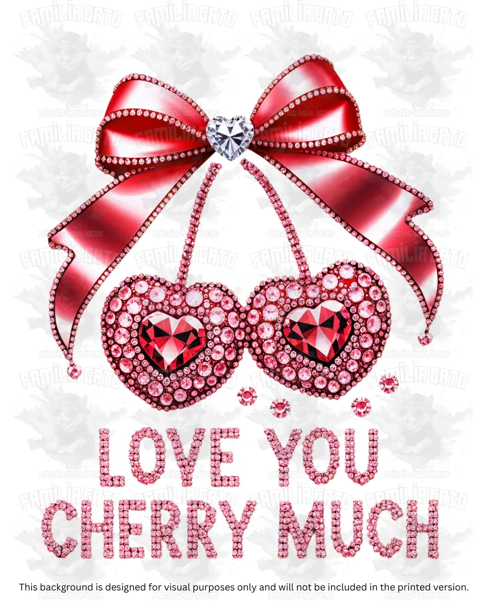 Valentine's Day Rhinestone "Love You Cherry Much" DTF Transfer - Hot Peel, Scratch-Resistant, Stretchable, Unisex Customizable Durable DIY Supply for Lovers