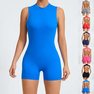 Litthing Women Short Jumpsuit Backless Scrunch Butt Workout Rompers V Back Yoga One Piece Unitards Sleeveless Gym Bodycon