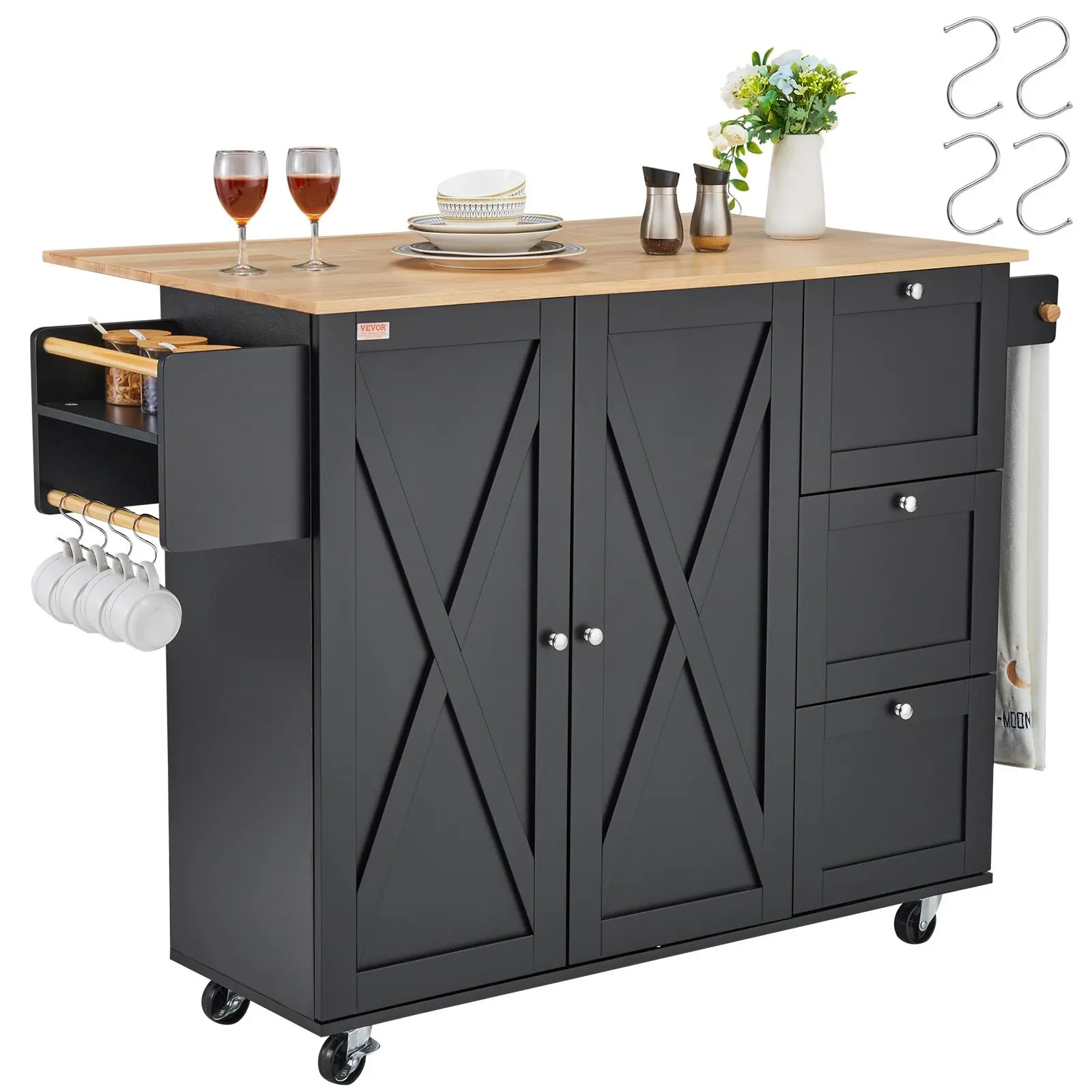 【SummerFinds】VEVOR Sturdy Waterproof Kitchen Island Cart with Assembly Required, 56" Wood Top Adjustable Rolling Floor Cabinets with Rolling Casters, Built-in Handle, Storage Cabinet, Drop Leaf, Spice Rack, Towel Bar, Adjustable Shelf, Drawer, Hooks, Adju
