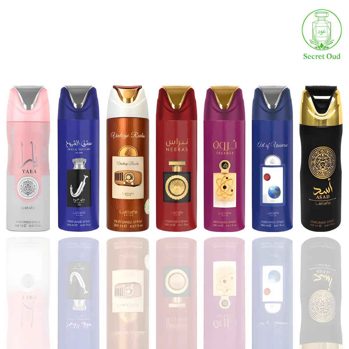 Yara Deodorant + Ishq Al Shuyukh Deodorant + Vintage Radio Deodorant + Nebras Deodorant + Tharwah Deodorant + Art Of Universe Deodorant + Asad Deodorant -- 7 Piece Bundle