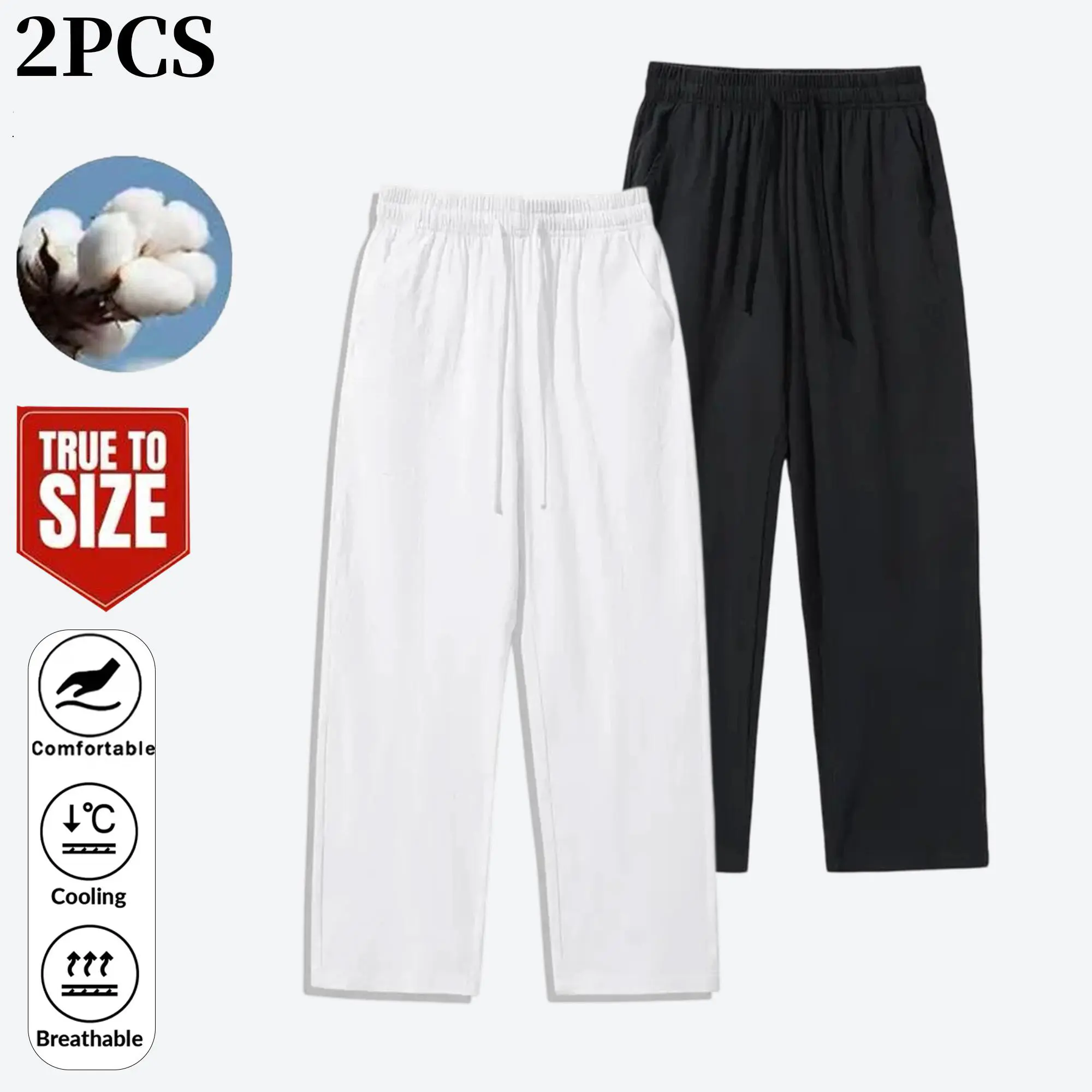 3-Pack Men’s Cotton-Linen Pants [Loose Fit], Casual Drawstring Dress Pants, Lightweight Long Pants for Beach Summer