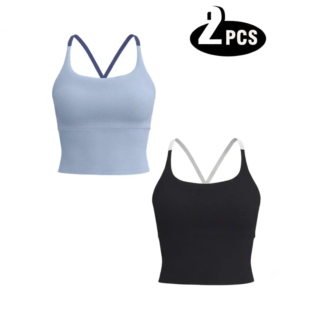 Women's Fitted 2-Pack Crop Tank Tops with Built-in Bras - Ribbed Square Neck, Contrast Straps, V-Back, Soft Stretch Sleeveless Athletic Tops for Gym & Daily Casual Wear, Crop Tops For Women