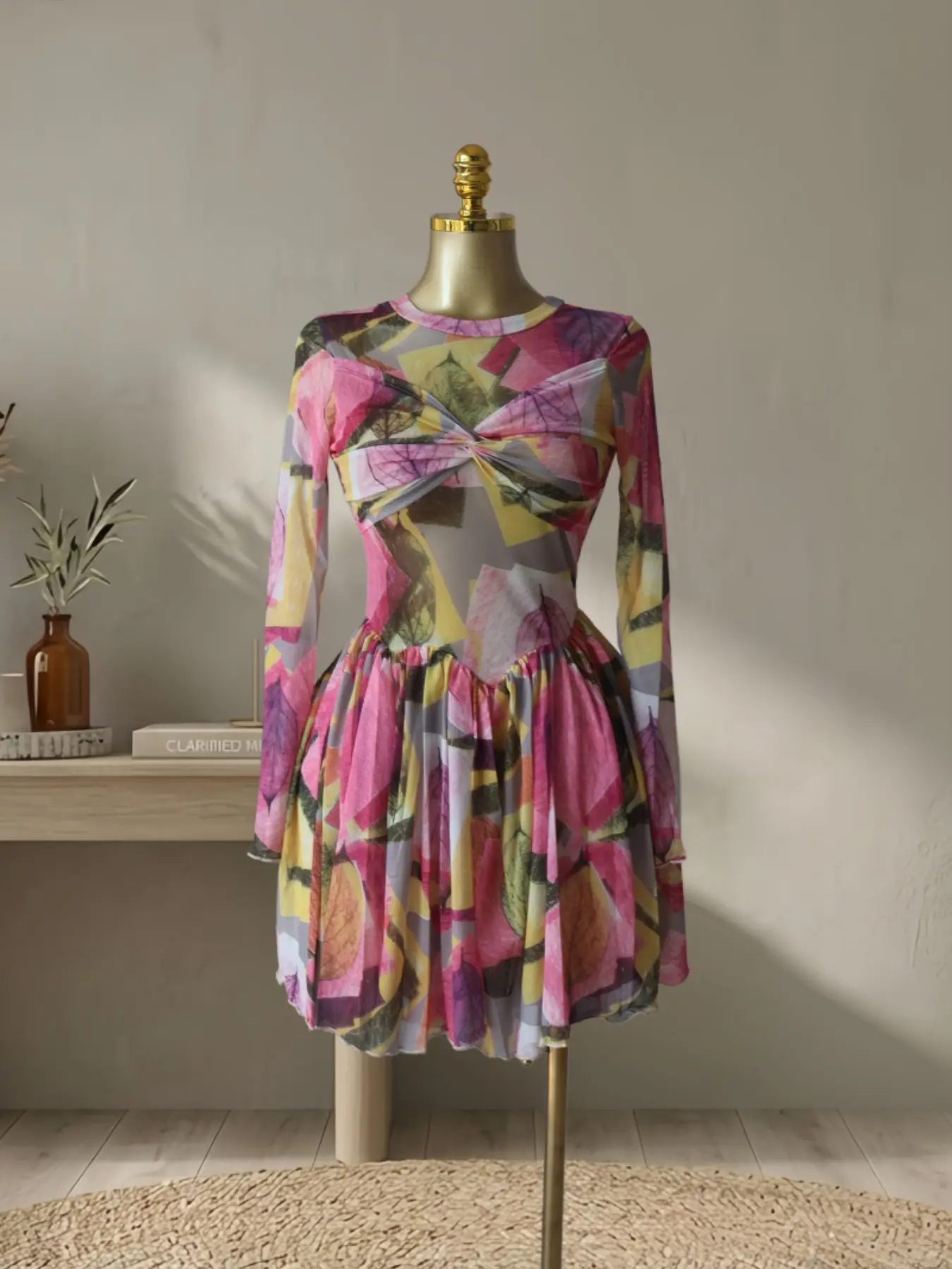 QFAF Women's Leaf Floral Print Round Neck Long Sleeve Wrap Front Swing A-line Midi Mini Dress, Fitted, Birthday Party Elegant Fashion Dress, Dressy Formal Evening Cocktail Dress, Beach Holiday Vacation Dress, Elegant Fashion Dress