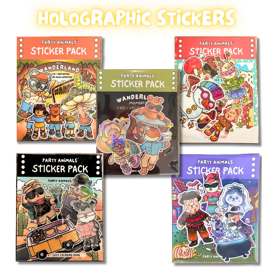 Party Animals Sticker Packs | Cute Vinyl Stickers, Waterproof, Holographic | Wanderland, Road Trip, Halloween, Holiday Stickers