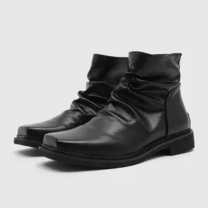Minimalist style men's square-toed pleated leather boots, black soft leather fashion boots, versatile for commuting, vintage breathable pleated casual ankle boots 66595-K