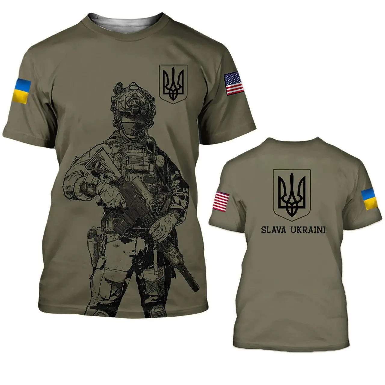 Men's army green T-shirt, casual Ukrainian soldier printpattern crew neck loose short-sleeve T-shirt, men's summercasual sports T-shirt