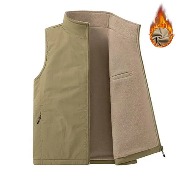 Men's Casual Beige Puffer Vest, Thermal Fleece-Lined Sleeveless Athletic Gilet, Zip-Up Polyester Woven Activewear