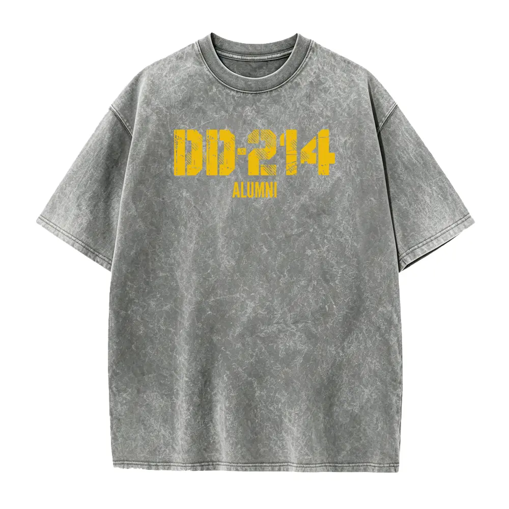 DD-214 Alumni Distressed Military Graphic Tee, Black Yellow Vintage Veteran Short Sleeve T-Shirt, All Season Casual Veteran Gift Top