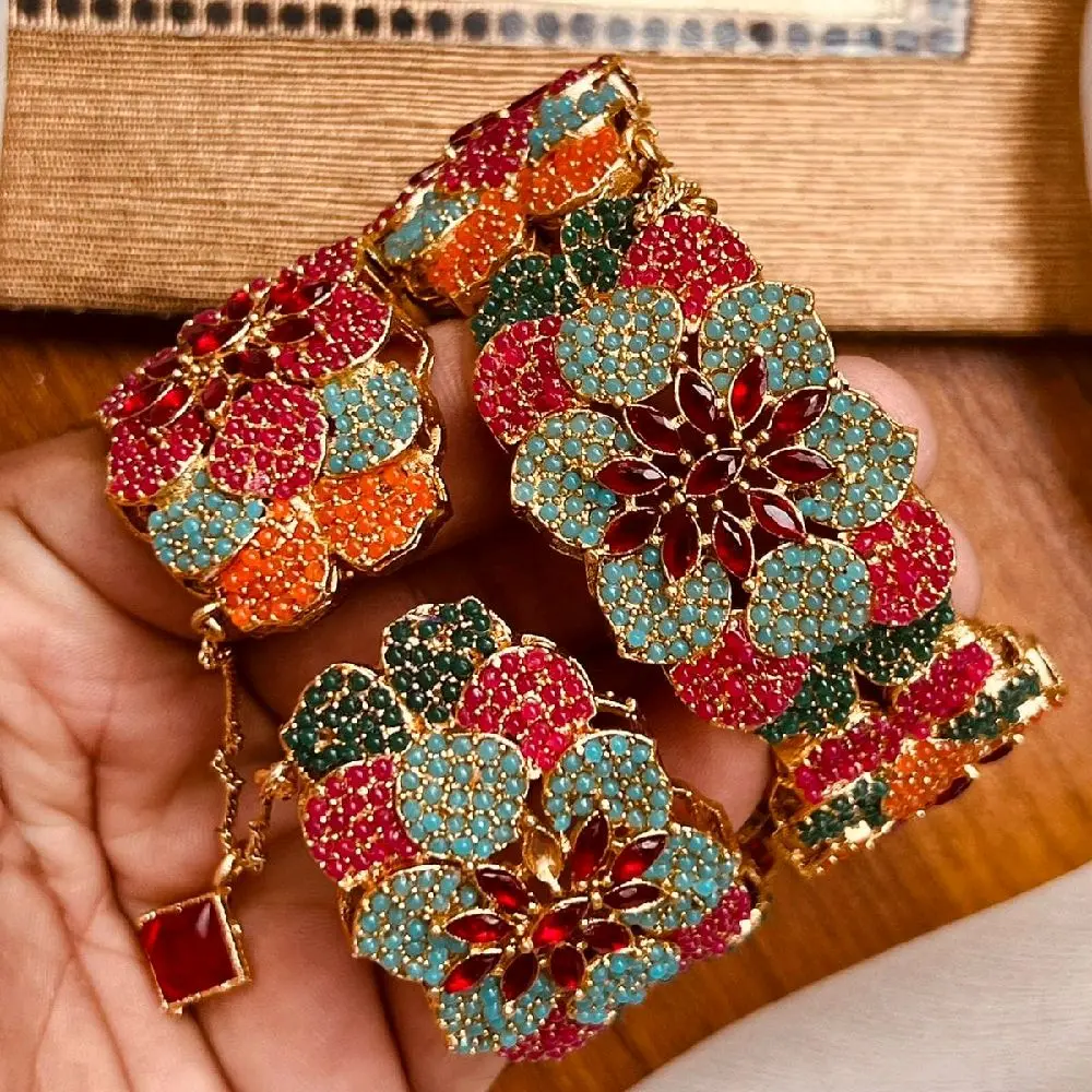 Nauratan Bangle Kara Set Pair with Tassel Fits 2.4-2.8- Traditional Indian Rhinestone & Bead Bracelet Set Cultural Charm Ethnic Accessories