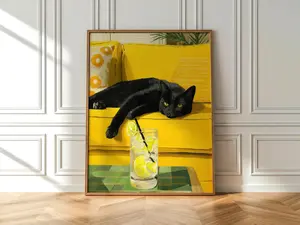 [SALE UP TO 40%] [Unframed] Black Cat with Lemonade Poster Wall Art – Yellow Sofa Cat Illustration – Printable Digital Download Modern Home Decor for Cat Lovers