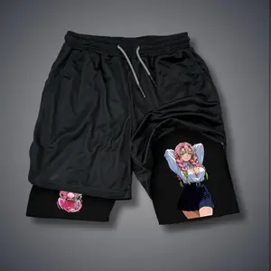 Kimetsu no Yaiba 80s 90s Double-Layer Sports Shorts Graphic Shorts Black Camo Streetwear Shorts Men Outfits Men Vacation Outfits Shorts
