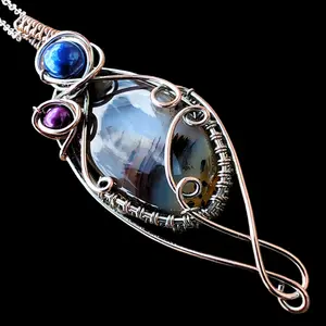Royal Blue Purple Cultured Pearl Montana Moss Agate Chalcedony Copper Elven Elvish Victorian Fantasy Wire Wrapped Pendant Necklace Amulet