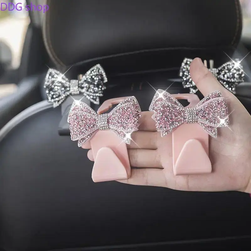 Women's Bling Rhinestone Bow Car Headrest Hooks - Girly Car Accessories, Hidden Seat Back Organizer for Bags, Purse, Umbrella, Cute Interior Decoration, Accessories For Women