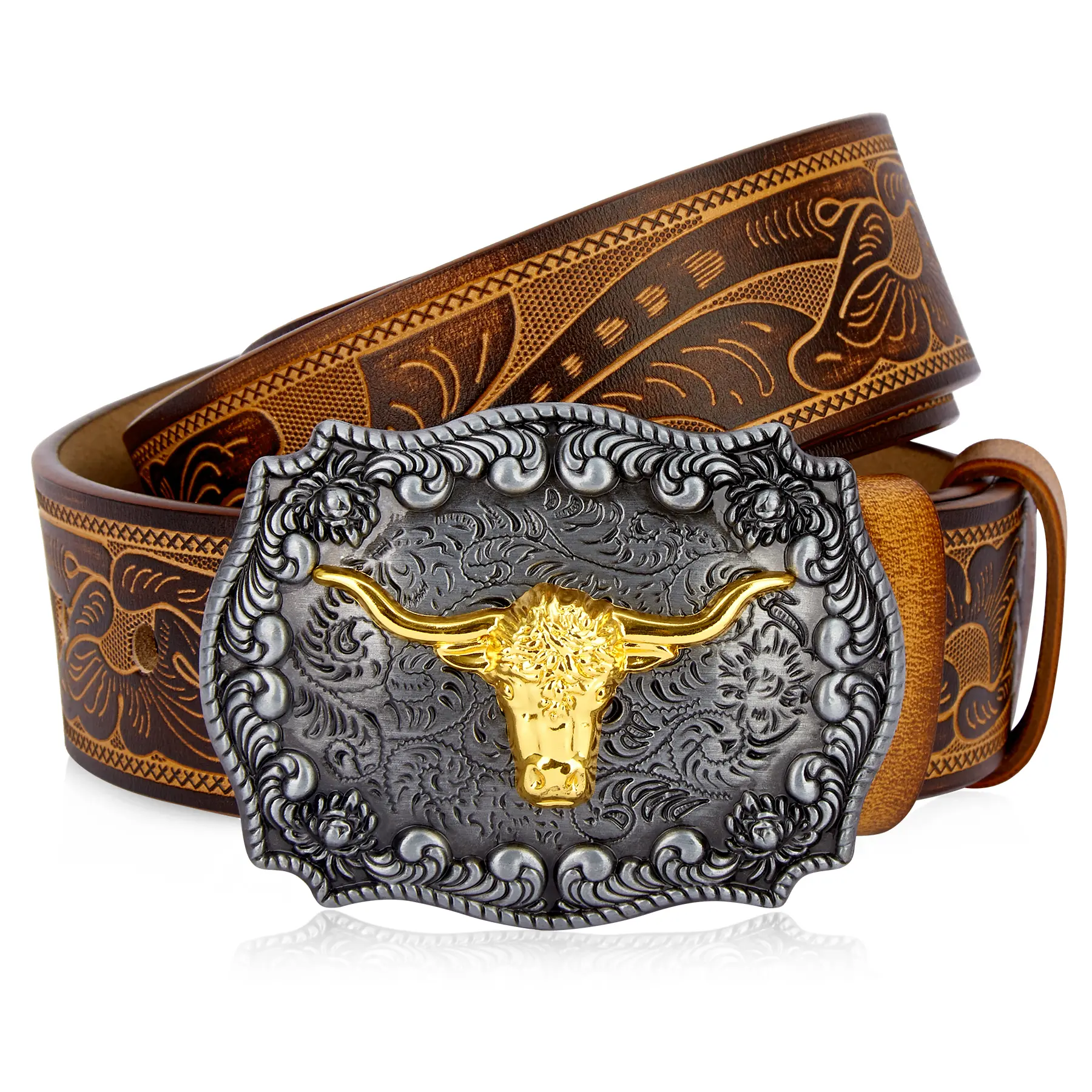 BISON DENIM Women's Embossed Western Leather Belt with Sliver Buckle Stylish Elegant Cowgirl Belt to Pair with Jeans