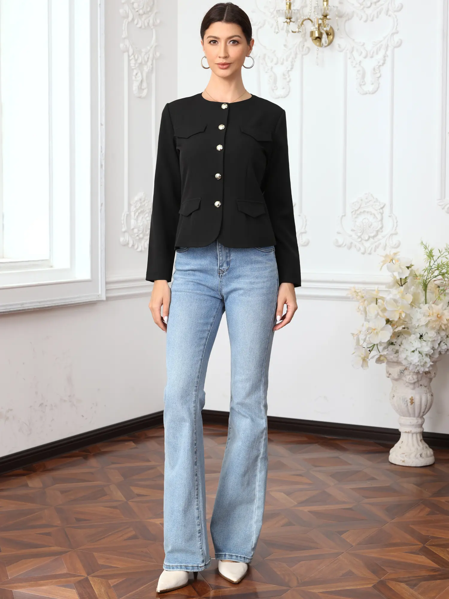 INSPIRE CHIC Cropped Blazer Jackets for Women Business Casual Collarless Button Down Fitted Long Sleeve Office Work Suit Jacket