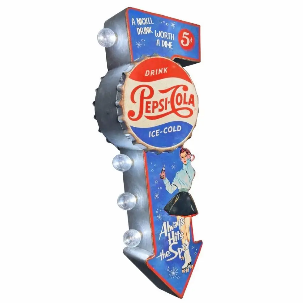 Pepsi Double-Sided Vintage Marquee LED Wall Sign - 25.5" Galvanized Metal Arrow with Bulbs, Industrial Retro Fountain Globe Decor, Mountable Home Artwork