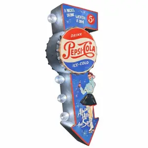 Double-Sided Pepsi-Cola Vintage Marquee LED Wall Sign – 25.5" Galvanized Metal Arrow with Bulbs