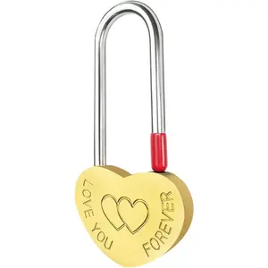 Brass Single Heart Lock 3.5" 50mm Love Padlock,Engraved Love-You-Forever Metal Padlock for Lovelock Bridge,Wedding & Anniversary(Keyless)