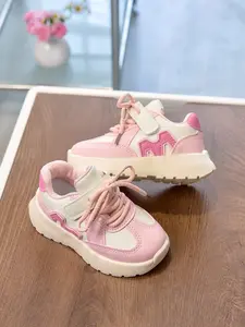 Girls' Sweet Sakura Floral Decor Synthetic Leather Anti-Slip Round Toe Low Top Velcro Thick Sole Casual Sneakers Trendy Trainers Sneakers Trainer Shoes