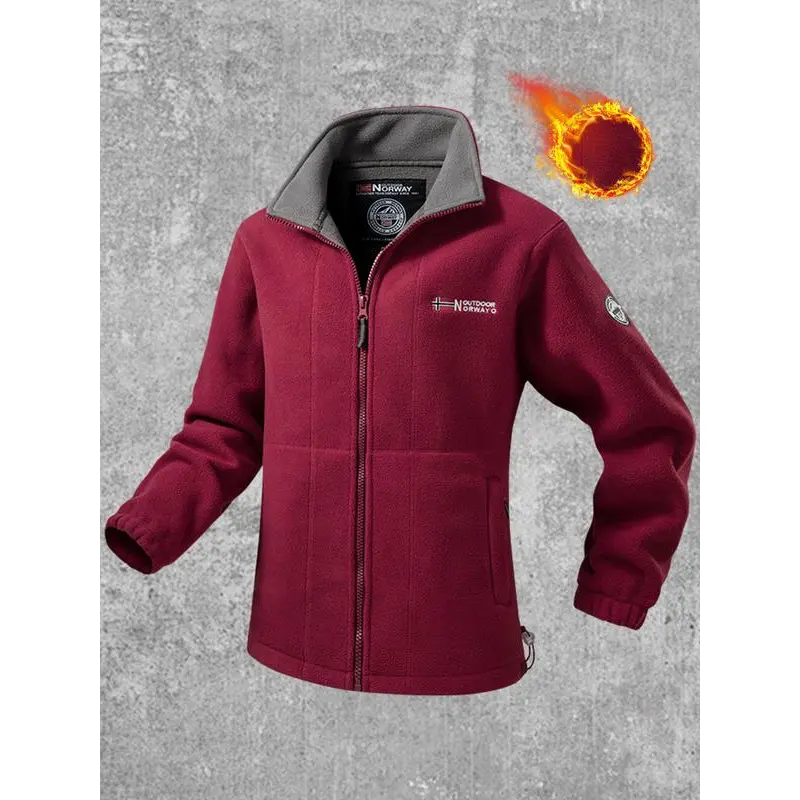Men's Fleece Jacket - Tailored Fit, Sherpa-Lined Winter Sports Outerwear with Stand Collar, Long Sleeves, Zip Front, Knitting, Embroidered Accents, Wind Protection, Exceptional Insulation, Machine Washable for Outdoors Casual Wear