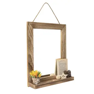 Wall Mirror with Shelf, 20 x 16 inch Farmhouse Decor Wall Mirror Hanging for Bathroom, Vanity, Bedroom, Entryway, Living Room Wood Wooden