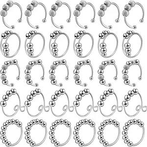 NBB46 30 Pcs Anxiety Fidget Ring for Women Stainless Steel Adjustable Fidget Spinner Ring with Beads for Men Adults Stress Relief(Silver)