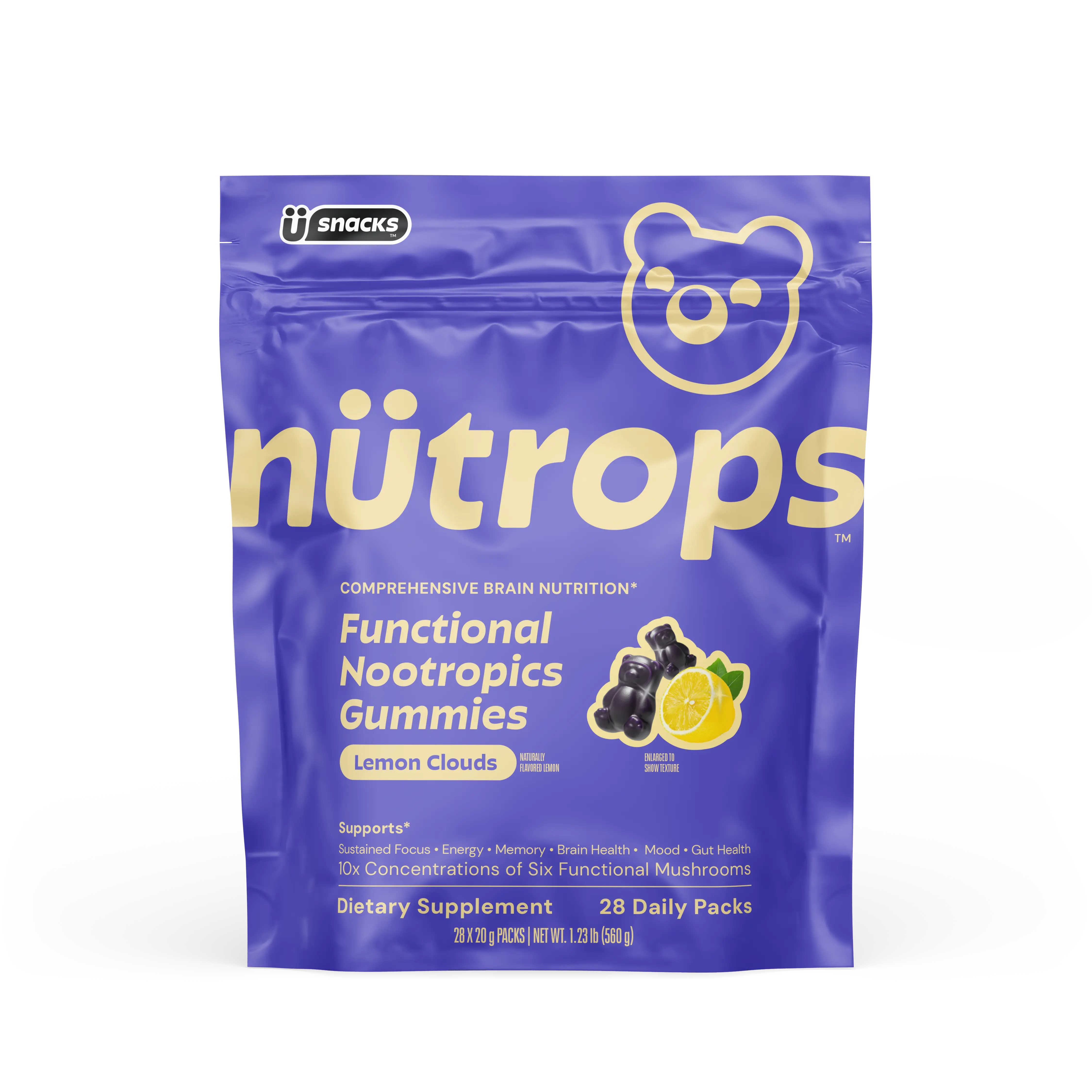 Nütrops Mushroom Gummies (Lemon Clouds Flavor): Functional nootropic supplement with 1,000mg 10:1 organic mushroom extract from 6 mushrooms: Lion's Mane, Cordyceps, Reishi, Chaga, Maitake, Coriolus, Caffeine Free, Gluten Free, Vegan, Third Party Tested