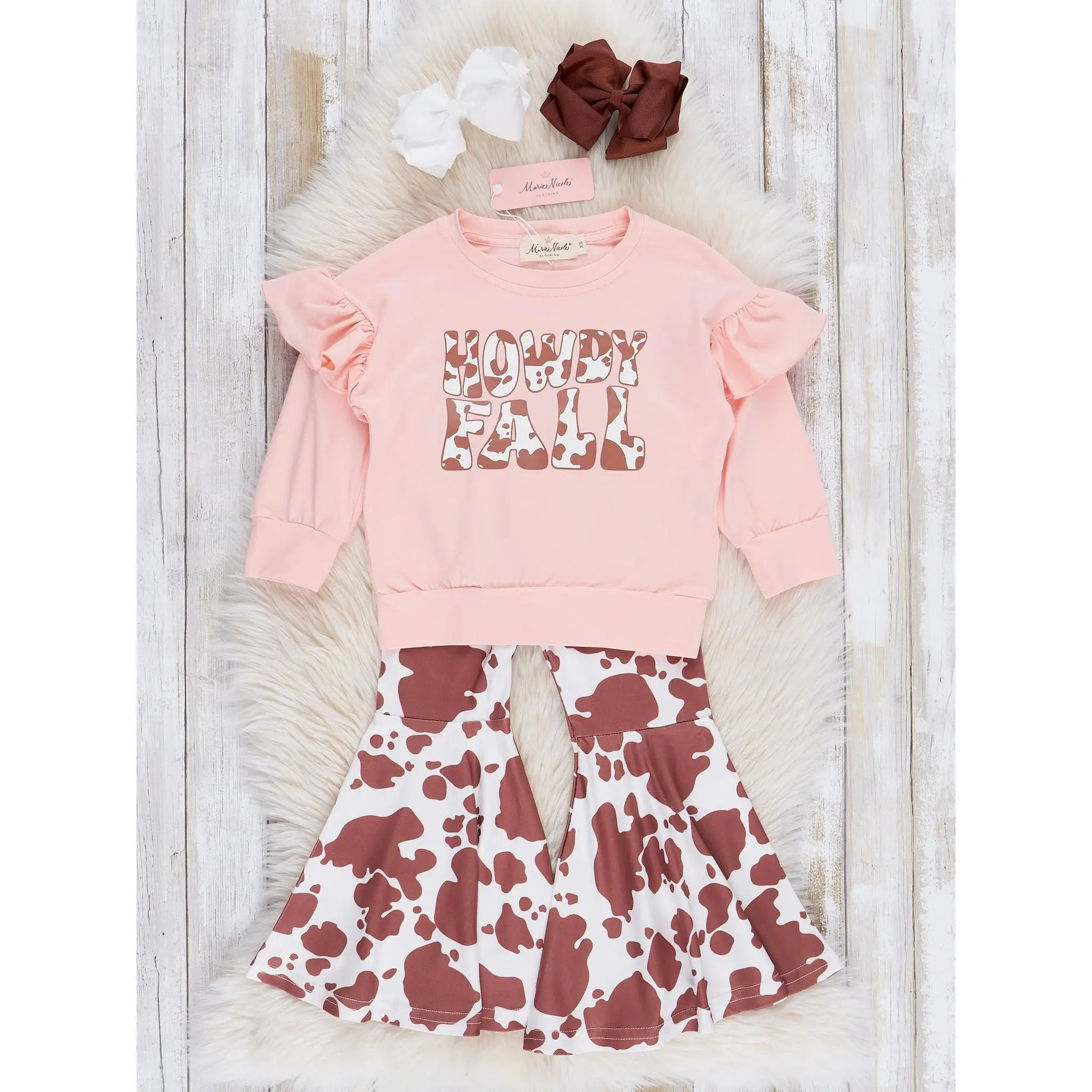 Pink & Brown "Howdy Fall" Cow Print Bell Bottoms Outfit