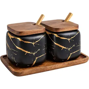 2 Sets of Black Marble Ceramic Sugar Bowl and Seasoning Jars with Wooden Lid and Wooden Spoon