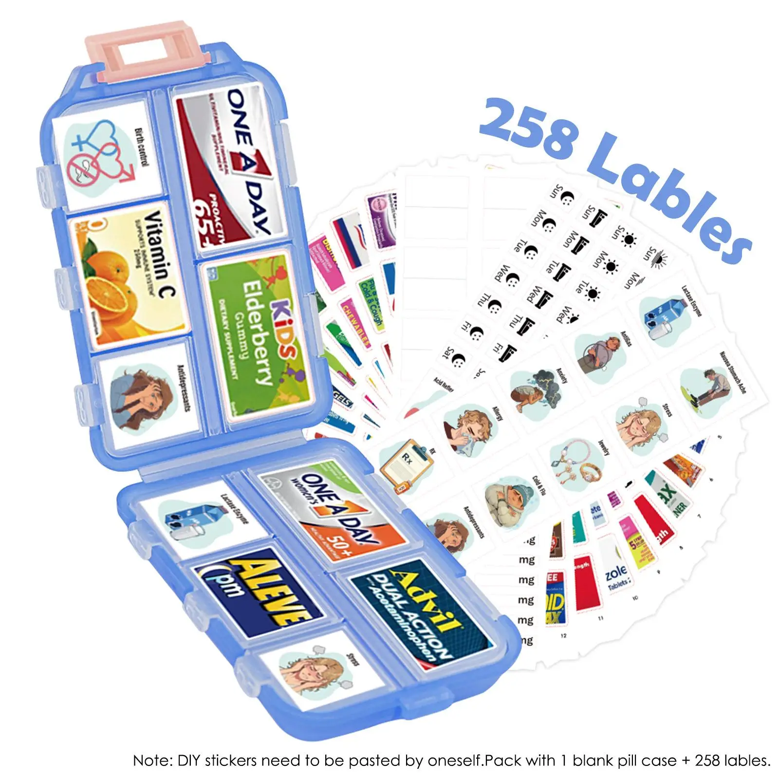 Portable Pill Organizer with 258 Medicine Labels & Weekly Stickers, 1 Set 10-compartment Foldable Pill Box, Travel Pill Box for Daily Medication Manag