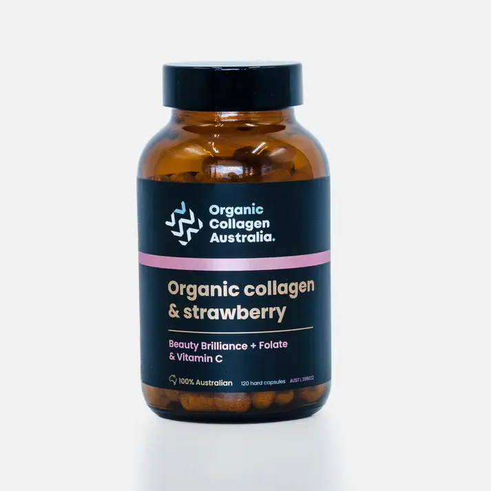 Organic Collagen with Strawberry (120 capsules) - Hydrolysed Collagen from Certified Organic Cattle and Australian Strawberries - Dietary, Healthcare