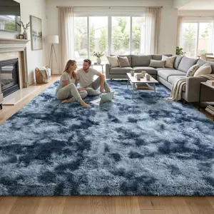 G-DAKE Ultra Soft Fine Plush Shaggy Rug, Anti-Slip Fluffy Tie-dye Blue & Grey Area Rug, Cozy Skin Friendly Carpet for Baby Room Bedroom Living Room Home Decoration