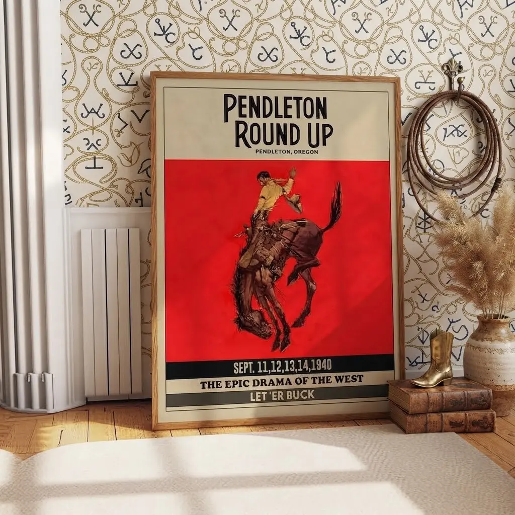 Pendleton Round Up Rodeo Poster Unframed  Cowboy Cowgirl Prints Ranch Decor Red Posters Western Wall Art Room Artwork Kitchen Nursery Decoration Artistic Ornaments Photo Frames Glossy