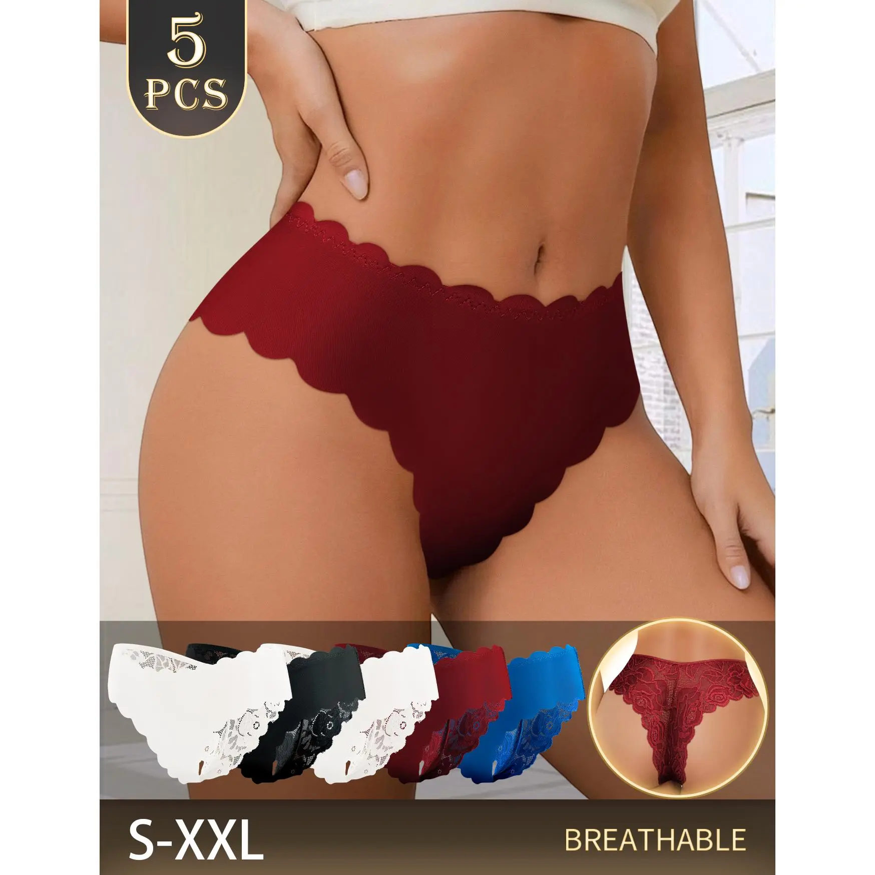 QUASTI Women's 5-Pack High-Waist Seamless Thongs, Minimalist Basic Elegant Style, Soft Lightweight Breathable Fabric Underwear, Smooth Invisible Panties with Lace Trim, 5pcs/4 Mix Colors, S-XXL Sizes