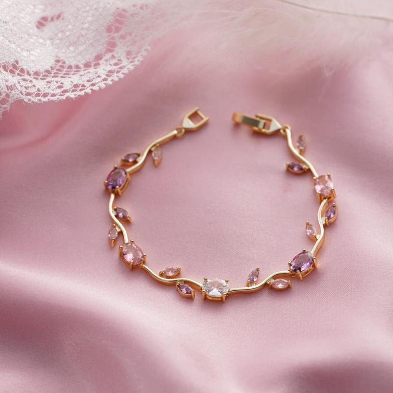 Gold Pastel Tulip Floral Bracelet-18K Coquette Flower Bracelet- Pink & Lilac Crystals – Fairytale Inspired Jewelry Gift for Her