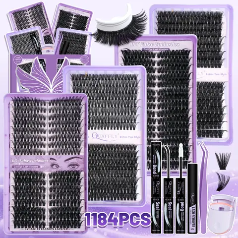 DIY Lash Cluster Kit – 1184pcs 40D-100D Natural Soft Cluster Lashes 8-18 mm D Curl with Eyelash Glue, Lash Bond&Seal Remover Tweezere Lash Curler All Tools In One Box Eyelash Extensions Kit Eyelashes Clusters Lashes Extension Set