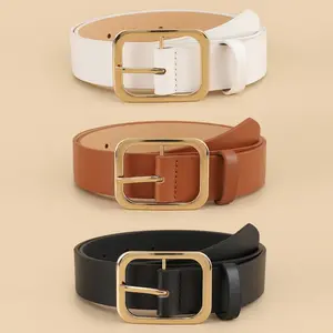 Women's Wide Leather Belt with Square Gold Buckle, Casual Fashion Waist Belt for Dresses